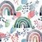 Watercolor seamless pattern with multicolored rainbows, clouds and stars. Hand painted natural phenomenon illustrations
