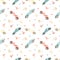 Watercolor seamless pattern with multidirectional colored racing cars, trophy, flags, stars on a white background