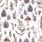 Watercolor seamless pattern with mystical mushrooms and forest leaves.