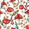 Watercolor seamless pattern nature painting. Fall poison red mushroom background. Hand drawn red mushroom illustration