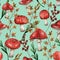 Watercolor seamless pattern nature painting. Fall poison red mushroom background. Hand drawn red mushroom illustration