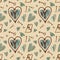 Watercolor seamless pattern, old wood texture blue heart, rusty keys, metal hearts, Valentines Day decor, light brown background