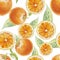Watercolor seamless pattern of orange fruit with leafs