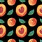 Watercolor Seamless Pattern with Orange Peaches,leaves on black isolated background doodle style.Fruits print