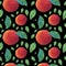 Watercolor Seamless Pattern with Orange Peaches,leaves on black isolated background doodle style.Fruits print