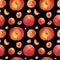 Watercolor Seamless Pattern with Orange Peaches,leaves on black isolated background doodle style.Fruits print