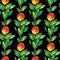 Watercolor Seamless Pattern with Orange Peaches,leaves on black isolated background doodle style.Fruits print