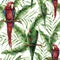 Watercolor seamless pattern with parrots, banana palm leaves and hibiscus. Hand painted red-and-green macaw, palm branch