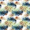 Watercolor seamless pattern with pastel shells and sea texture. Hand painted underwater ornament with delicate seashells