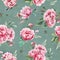 Watercolor Seamless pattern of peony and blosom flowers isolate in green background for box, paper, fabric, textile