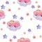 Watercolor seamless pattern with piggy dreaming on cloud isolated on white. Hand painted texture with cartoon sleeping character