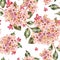 Watercolor seamless pattern with pink blooming hydrangea, small wildflowers