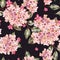 Watercolor seamless pattern with pink blooming hydrangea, small wildflowers