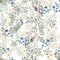 Watercolor seamless pattern with pink and blue flowers and leaves, different leaves and peacoc bird.