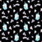 Watercolor seamless pattern with pink and blue unicorn, hearts and stars on black background.