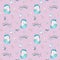 Watercolor seamless pattern with pink and blue unicorn, hearts and stars on pink background.