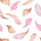 Watercolor seamless pattern of pink, brown, gold feathers.