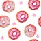 Watercolor seamless pattern of pink donuts and stars n, cards, invitations, textiles
