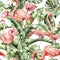 Watercolor seamless pattern with pink flamingos, anthurium and leaves. Hand painted tropical birds and greenery. Floral