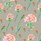 Watercolor seamless pattern with pink geranium with green leaves