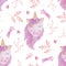 Watercolor seamless pattern pink unicorn and flowers