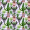 Watercolor Seamless pattern with plant cactus succulent branches, skull deer, horns Boho illustration background.Perfect for