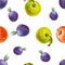 Watercolor seamless pattern with plums, red and green apples.