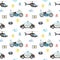 Watercolor seamless pattern with police helicopter, car, motorcycle and flashing lights on a white background