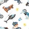 Watercolor seamless pattern with police vehicles, police officer and dog