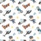 Watercolor seamless pattern with police vehicles, police officer and dog on a white background