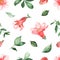 Watercolor seamless pattern with pomegranate flowers and leaves on a white background