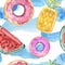Watercolor seamless pattern with pool floats. Hand painted air toy and water isolated on white background. Donut