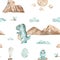 Watercolor seamless pattern with prehistoric dinosaur world, mountains, volcanoes, tyrannosaurus, dinosaur egg