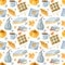 Watercolor seamless pattern with pumpkin,autumn cozy blanket, books and cup of coffee. Chekered fall plaid and orange flowers.