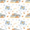 Watercolor seamless pattern with pumpkin,autumn cozy blanket, books and cup of coffee. Chekered fall plaid and orange flowers.