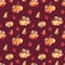 Watercolor seamless pattern with pumpkins, mushrooms and autumn leaves.