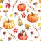 Watercolor seamless pattern with pumpkins, mushrooms and autumn leaves.