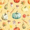 Watercolor seamless pattern with pumpkins, mushrooms and autumn leaves.