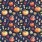 Watercolor seamless pattern with pumpkins, mushrooms and autumn leaves.