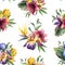 Watercolor seamless pattern with purple, yellow and blue iris and tropical flower and green leaves