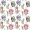 Watercolor seamless pattern with rabbit and lamb. Hand painted holiday egg, hydrangea, anemone and lavender isolated on