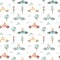 Watercolor seamless pattern with racing cars, animals in cars, trees, clouds, traffic light on a white background