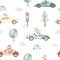 Watercolor seamless pattern with racing cars, animals in cars, trees, clouds, traffic light on a white background