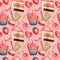 Watercolor Seamless pattern. Red Blue Sweet deserts with Cream and biscuit, waffle, cake, cupcake, berries. Hand drawn