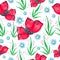 Watercolor seamless pattern with red cute butterfly, green leaves and blue flowers