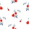 Watercolor seamless pattern with red roses, blue leaves and dragonfly on white background