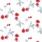 Watercolor seamless pattern with red roses and gray leaves on white background.