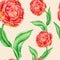 Watercolor seamless pattern with red roses and leaves. Hand drawn flowers on trendy beige background. Floral texture for textile,