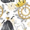 Watercolor seamless pattern in retro gold style. Beautiful woman with champagne, Greyhound dogs, jewellery clock, diadem