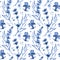 Watercolor seamless pattern in retro style with blue lavender flowers and leaves